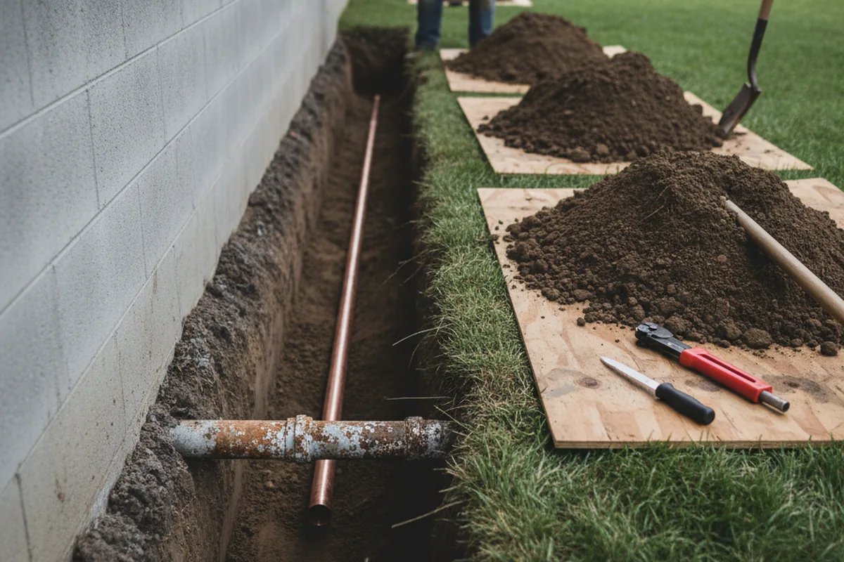 Excavated water line trench during Water Heater Repair in Somerville